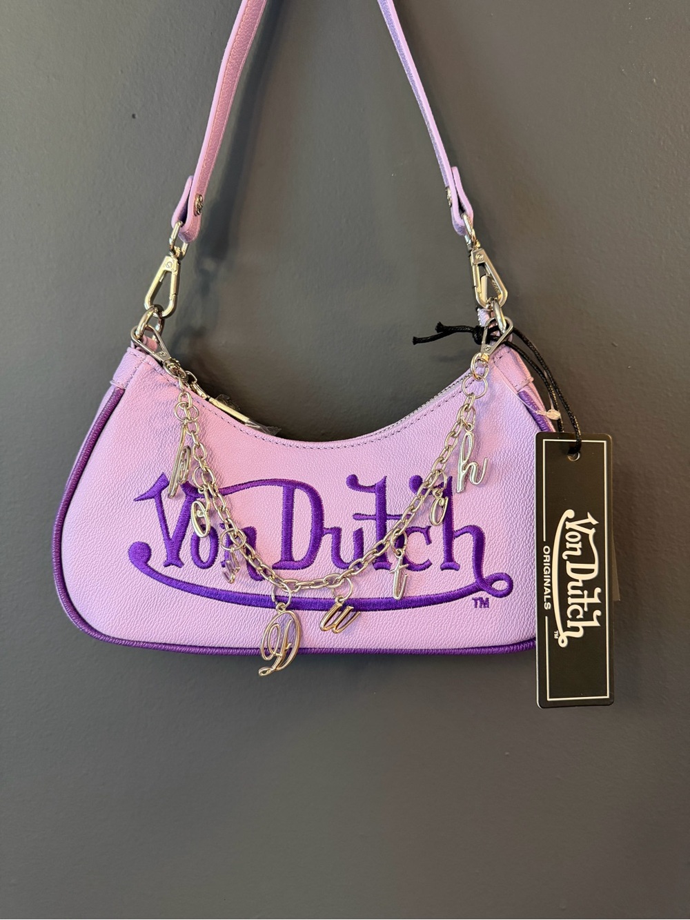 Von Dutch Lavender Logo Shoulder Bag with Chain Accent
